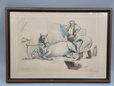 dessin représentant un homme assis à cheval à côté d'un chien