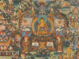 a large painting of a buddha surrounded by many people