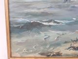 a painting of a boat in the water on the beach