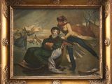 tableau représentant une femme tenant un enfant sur une luge devant un tableau représentant un homme à cheval