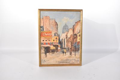 tableau représentant une scène de rue urbaine avec une calèche au premier plan