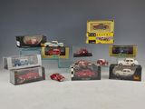 six different models of cars in a display case