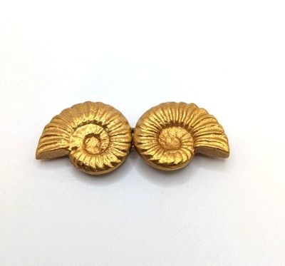 a pair of gold earrings with a shell design