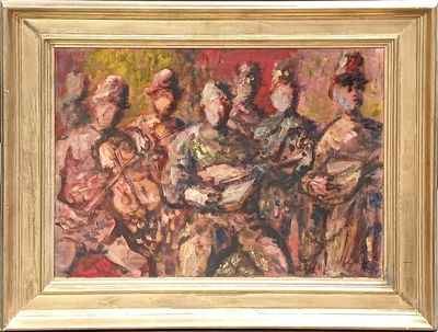 un tableau représentant un groupe de personnes assises ensemble