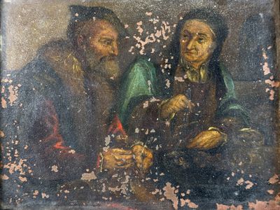 an old painting of two men and a woman sitting at a table