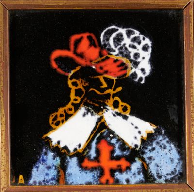 tableau représentant un homme coiffé d'un chapeau et tenant une croix, sur fond noir
