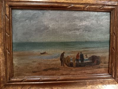 Ecole Française (XXè) "Barque et filets sur la plage", huile…