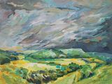 une peinture à l'huile représentant un champ avec un ciel nuageux en arrière-plan