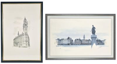 deux photos encadrées représentant un bâtiment et une statue devant une tour horloge