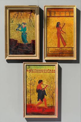 three framed paintings of a woman and a man playing a game of golf