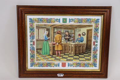 framed picture of a painting of a woman and a man in a kitchen