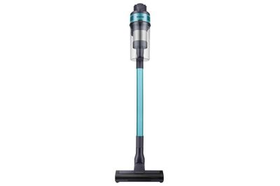 a vacuum cleaner with a blue handle on a white background