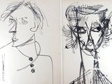 sketches of a woman with a cigarette and a man with a necklace