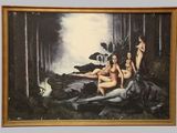 tableau représentant un groupe de femmes nues assises sur un rocher dans une forêt