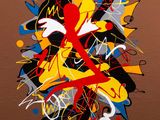 un tableau représentant un visage composé de nombreuses couleurs et formes différentes