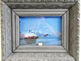 a picture of a painting of a boat in the water