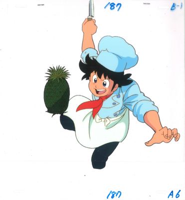 personnage d'anime tenant un couteau et un pot contenant une plante