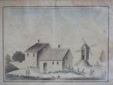 drawing of a farm with windmills and a mill in the background