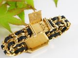 gold chain bracelet with black leather and gold plated clasp
