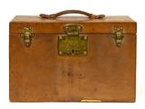 a brown suitcase with a handle on a white background