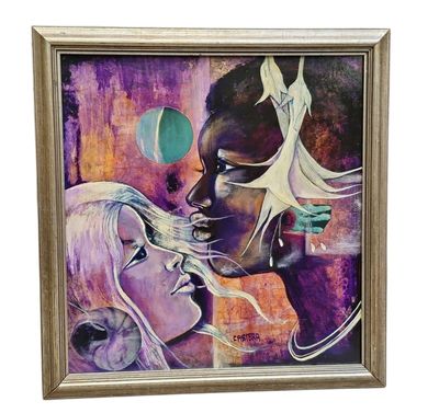 an oil painting of a woman and a man in a purple room