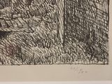 a black and white drawing of a bench in a park