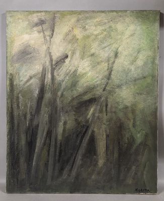 an oil painting of a bird sitting on top of a tree