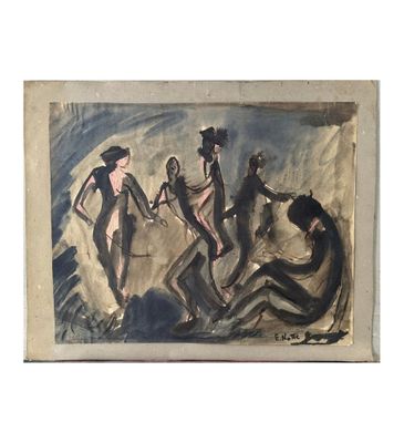 une image d'un tableau représentant un groupe de personnes sur une plage