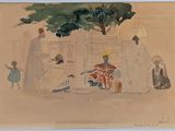 painting of a group of people in a village with a tree in the background