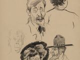 dessin représentant un groupe de personnes portant des chapeaux et un homme fumant la pipe