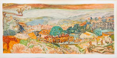 une image d'une peinture représentant une vue d'une ville depuis une colline