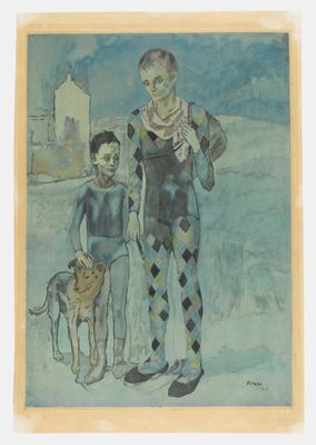 an image of a painting of a man and a boy with a dog