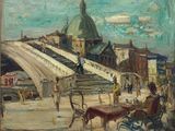 tableau représentant un pont enjambant une rivière, avec des personnes assises à des tables devant ce pont