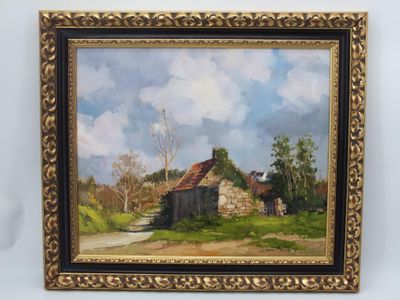 une peinture représentant une vieille grange dans un champ, avec un chemin de terre
