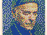 a cross stitch picture of a woman ' s face on a blue background