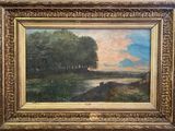 une peinture à l'huile représentant un paysage avec des arbres et une rivière