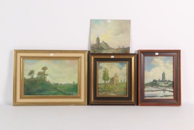 quatre tableaux posés sur une étagère au-dessus d'un mur blanc