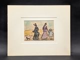 painting of a man and a woman walking a dog on a beach