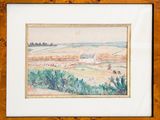 aquarelle encadrée représentant un paysage avec une ferme au loin