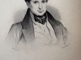 an old black and white drawing of a man in a suit