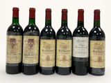 six bottles of wine are lined up in a row