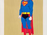 a painting of a man dressed as superman standing in front of a brown background