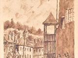 dessin d'un groupe de personnes devant un bâtiment
