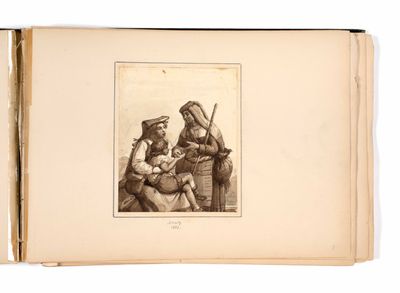 an old book with a drawing of a man holding a baby