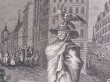 a drawing of a man walking down a street with a bird on his head