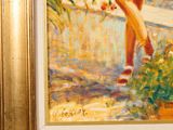 a painting of a woman sitting on a bench next to a potted plant