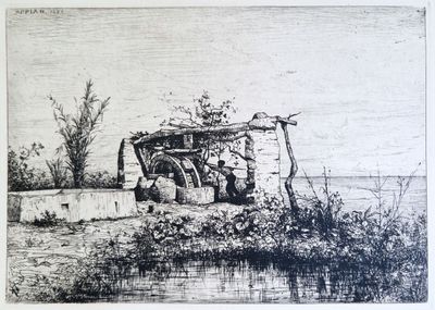 dessin d'un vieux bâtiment en pierre situé au bord d'un plan d'eau