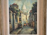 une peinture à l'huile représentant une scène de rue avec une église à l'arrière-plan