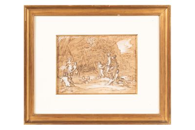 framed drawing of a group of people in a wooded setting