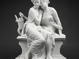 a black and white photo of a statue of two women sitting on a bench